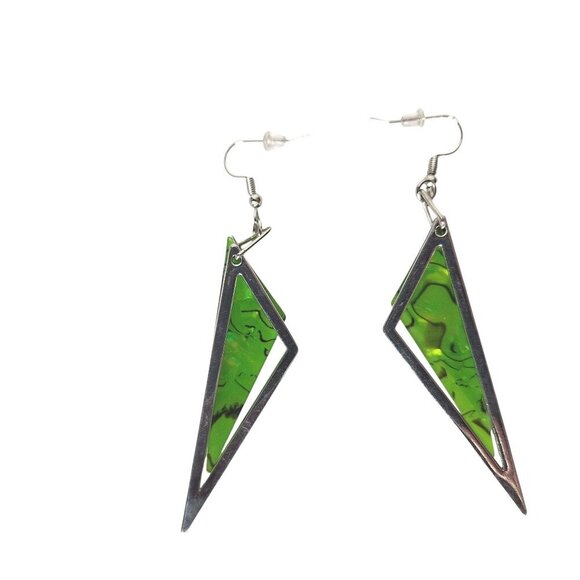 Modern Geometric Green Dangle Earrings Abstract Resin & Metal Triangle Design - Picture 1 of 2